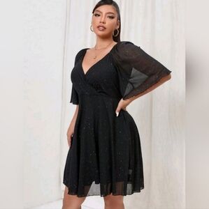 Women's Plus Flutter Sleeve Overlap Collar Mesh Dress
